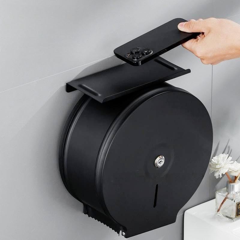 TOBEFORT Commercial Jumbo Toilet Paper Dispenser with Shelf, Black Stainless Steel Toilet Paper Holder Wall Mount, 9 Inch Bathroom Tissue Roll Dispenser with Lock Key - Image 4